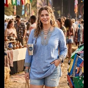 Chico's 00/2 blue chambray linen tunic top/dress with embellishments